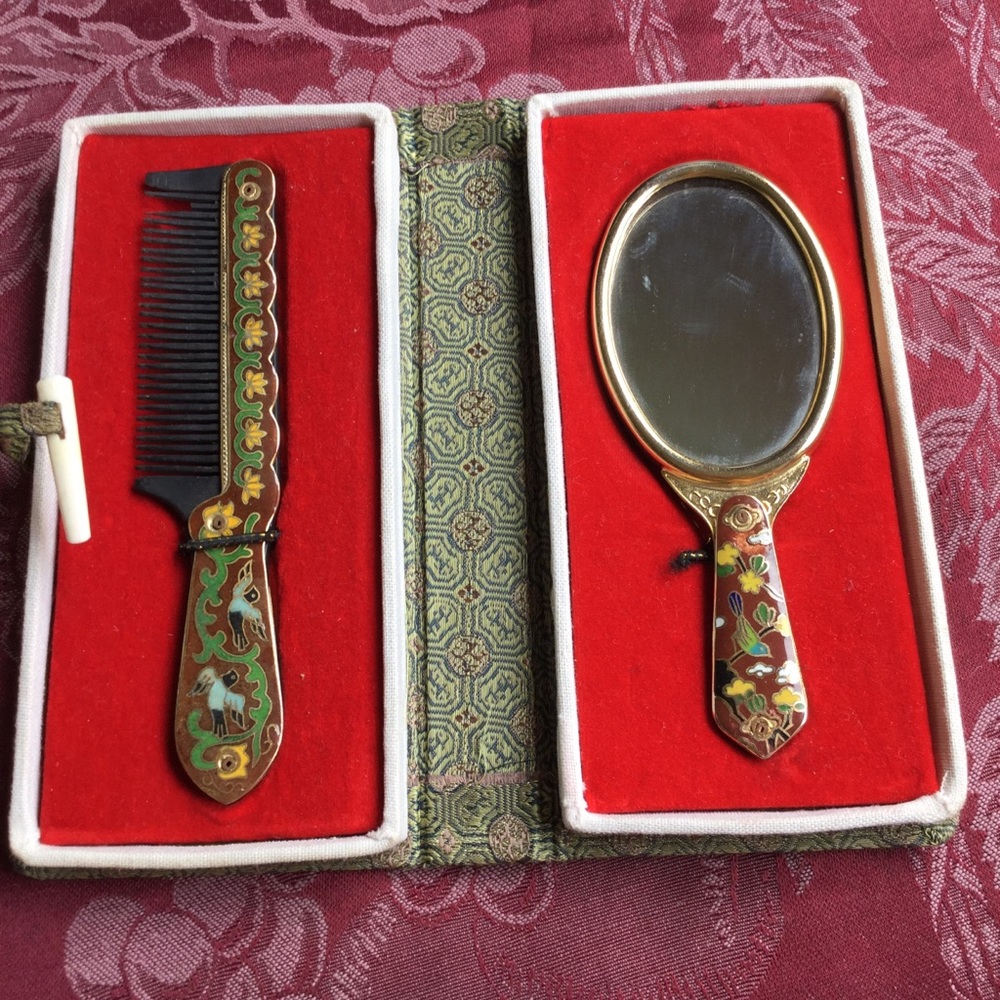 ⚜️ Vintage VANITY SET BOXED SET CLOISONNÉ MIRROR  EVC - Picture 2 of 14